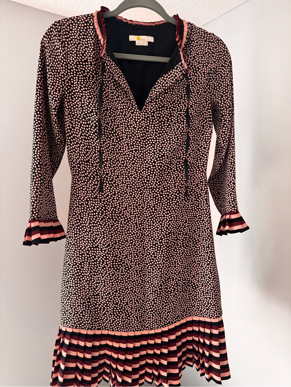Boden Black and Pink Polka Dot Midi Dress with Striped Ruffle Hem